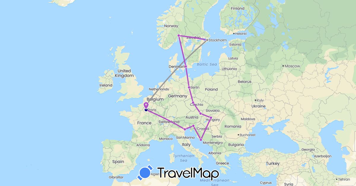 TravelMap itinerary: driving, plane, train in Austria, Czech Republic, Germany, Denmark, France, Croatia, Hungary, Italy, Norway, Sweden, Slovenia (Europe)